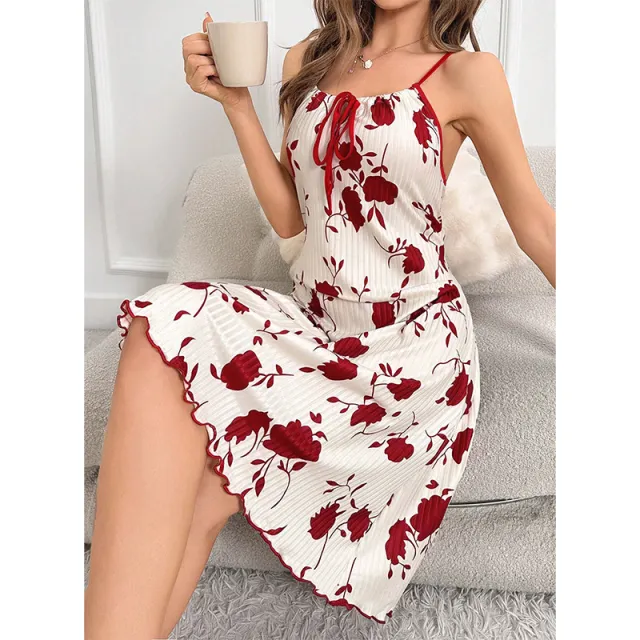 Women's Printed Camisole Loungewear Casual Nightgown Wine Red - Shop at LoveMi