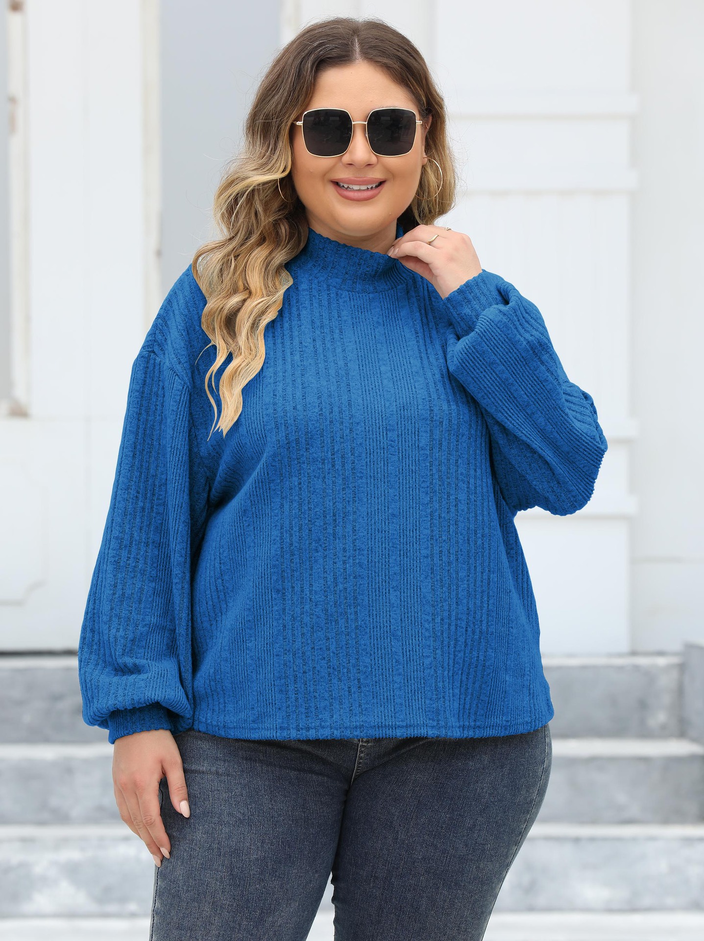 Lady's Pullover Tops Plus Size Half turtleneck T shirt Bottoming Shirt Colorful Blue - Shop at LoveMi