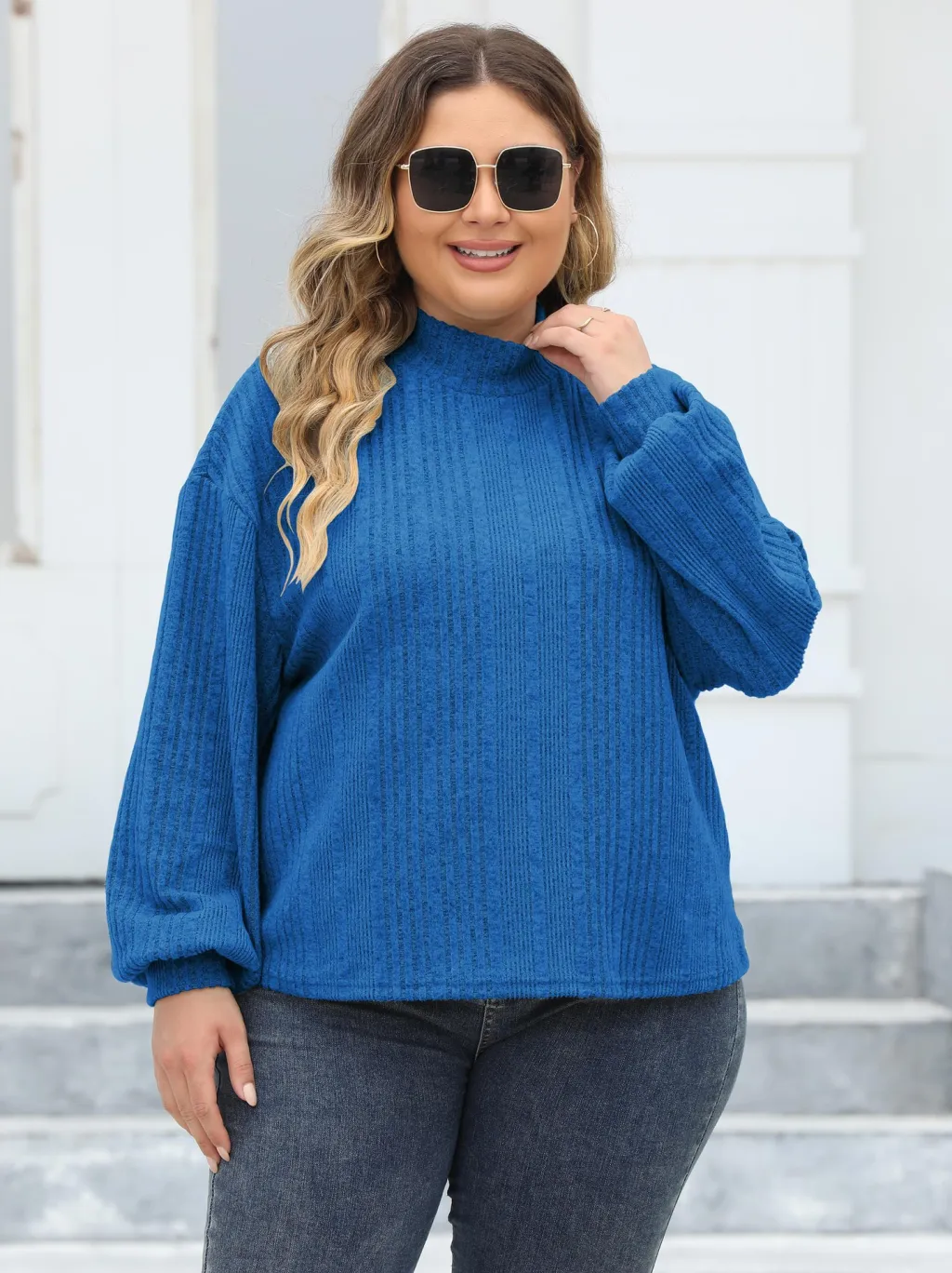 Lady's Pullover Tops Plus Size Half-turtleneck T-shirt Bottoming Shirt - Blue