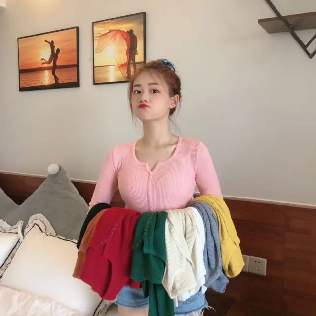 Single breasted Long Sleeve Sweater Bottoming Shirt Pink - Shop at LoveMi