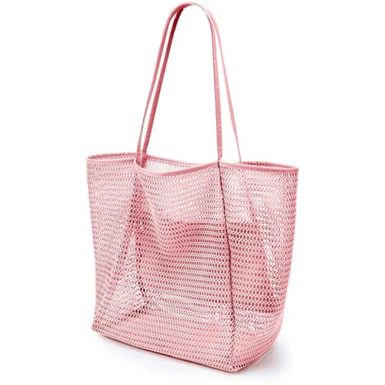 Beach Mesh Handbag Casual Women's Foldable Shoulder Bag - Pink