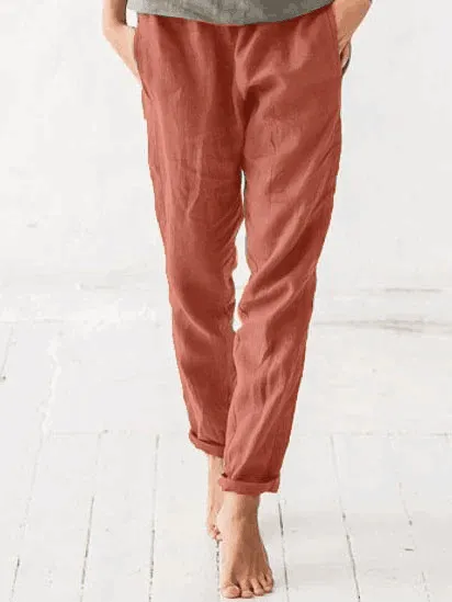 Women's Elastic Waist Solid Color Cotton And Linen Casual Trousers Orange - Shop at LoveMi