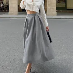 Casual High Waist Slim-fit Pleated A Swing Skirt - Grey - View 1