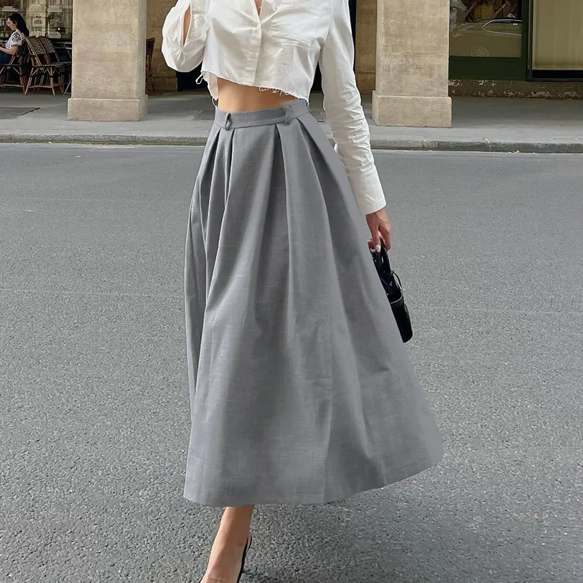 Casual High Waist Slim-fit Pleated A Swing Skirt - Grey