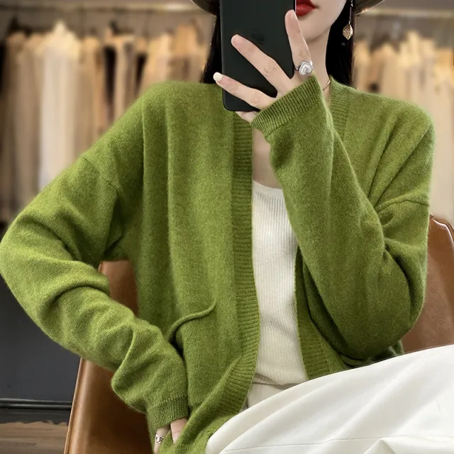 Spring And Autumn New Cardigan Solid Color And V neck Thin Loose Slimming And All matching Coat With Pocket Lemon Green - Shop at LoveMi