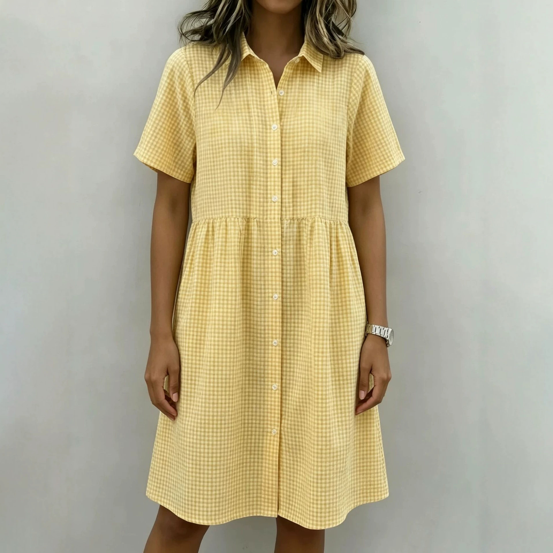 Summer New Arrival Vintage Chic Polo-neck Plaid Puff-sleeve Dress