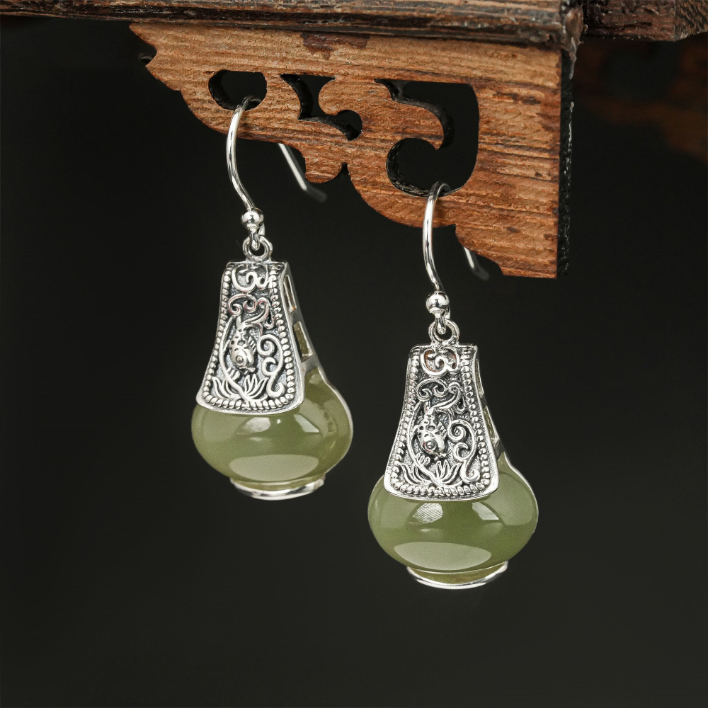 Retro New Chinese Style Hetian Jade Light Bulb Earrings