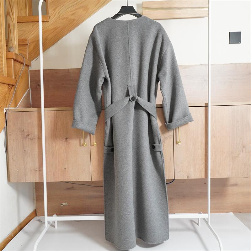 Gray Collarless Loose Side Slit Belt Lace-up Long Lazy Woolen Coat