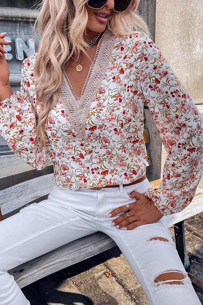Loose Lace V-neck Chiffon Shirt For Women Autumn New Floral Printed Long-sleeved Top Women