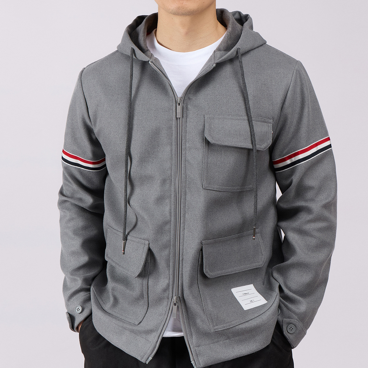 Mens Gray SpringAutumn Coat With Red And White Striped Webbing And Multiple Pockets