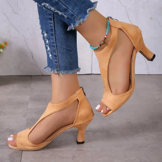 Women's Peep Toe Fashion All match Back Zipper High Heels Camel - Shop at LoveMi