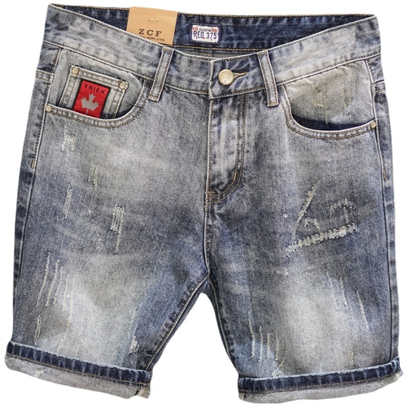 Retro Ripped Denim Mens Trendy Cropped Pants With Fuzzy Hems