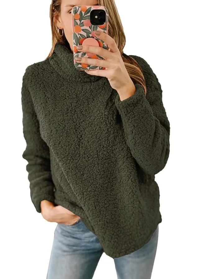 Women's Clothing New Furry Turtleneck Solid Color Hoodie Plush Top Women Green - Shop at LoveMi