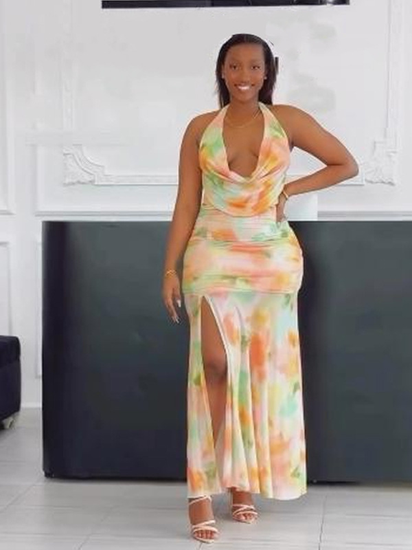High end Printed Split Backless Halter Maxi Dress Yellow - Shop at LoveMi