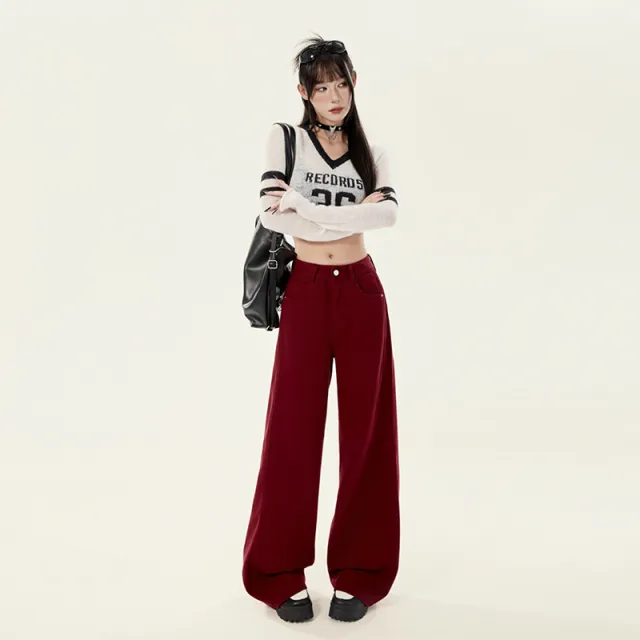 This Year's Popular Hot selling Product Pants Retro Straight Wide leg Pants Red - Shop at LoveMi
