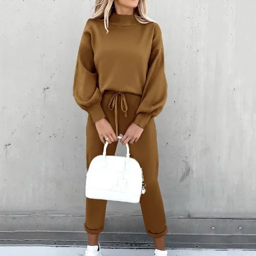 Turtleneck Casual Solid Color Hoodie Suit Coffee - Shop at LoveMi