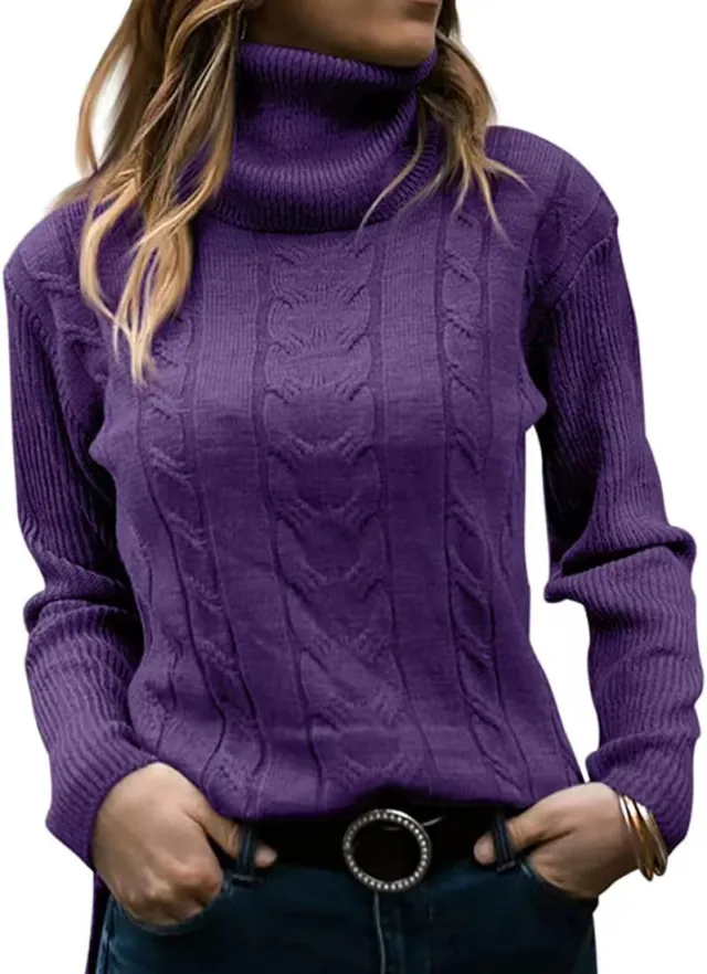 Solid Color Turtleneck Sweater Retro Long Sleeve Sweater Purple - Shop at LoveMi