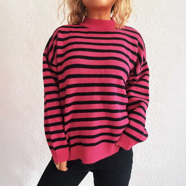 New Contrast Color Striped Knitted Sweater For Women Rose Red - Shop at LoveMi