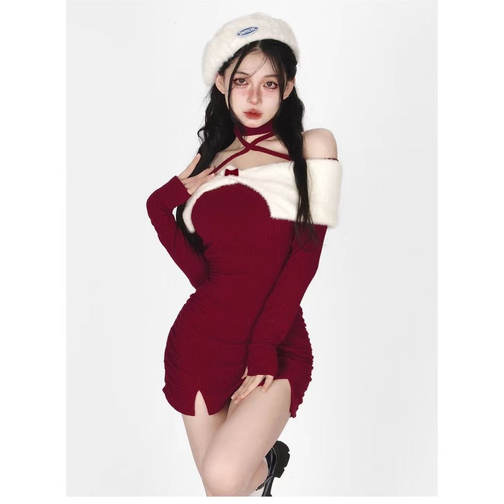 Pure Desire Sweet And Spicy Off-shoulder Spaghetti Straps Two-piece Red Dress Slim-fit Sheath