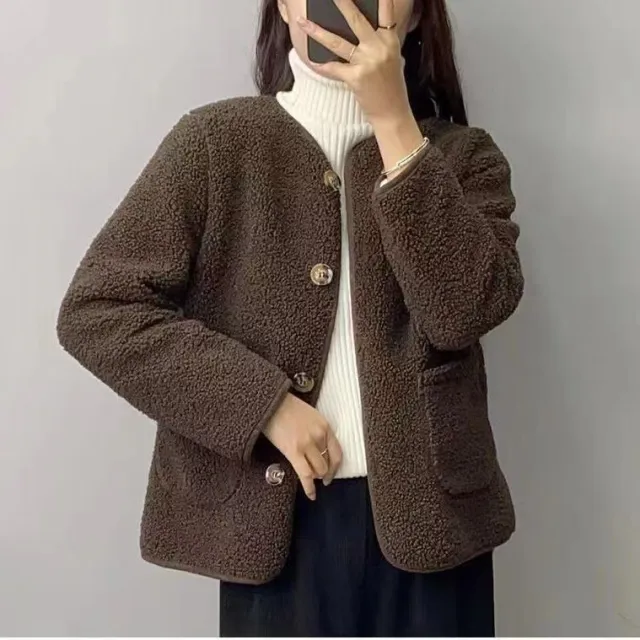 Round Neck Lamb Wool Loose Coat Coffee - Shop at LoveMi