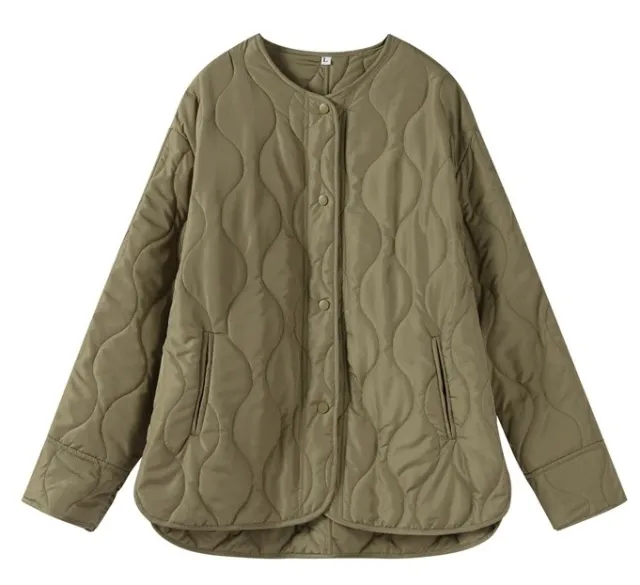 Women's Jacket Loose Round Neck Quilted Jacket Olive Green - Shop at LoveMi