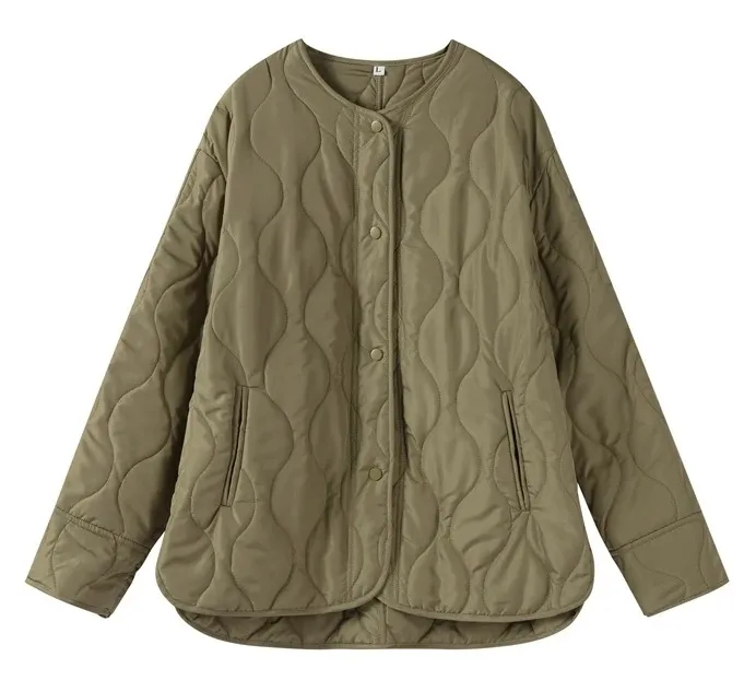 Women's Jacket Loose Round Neck Quilted Jacket - Olive Green