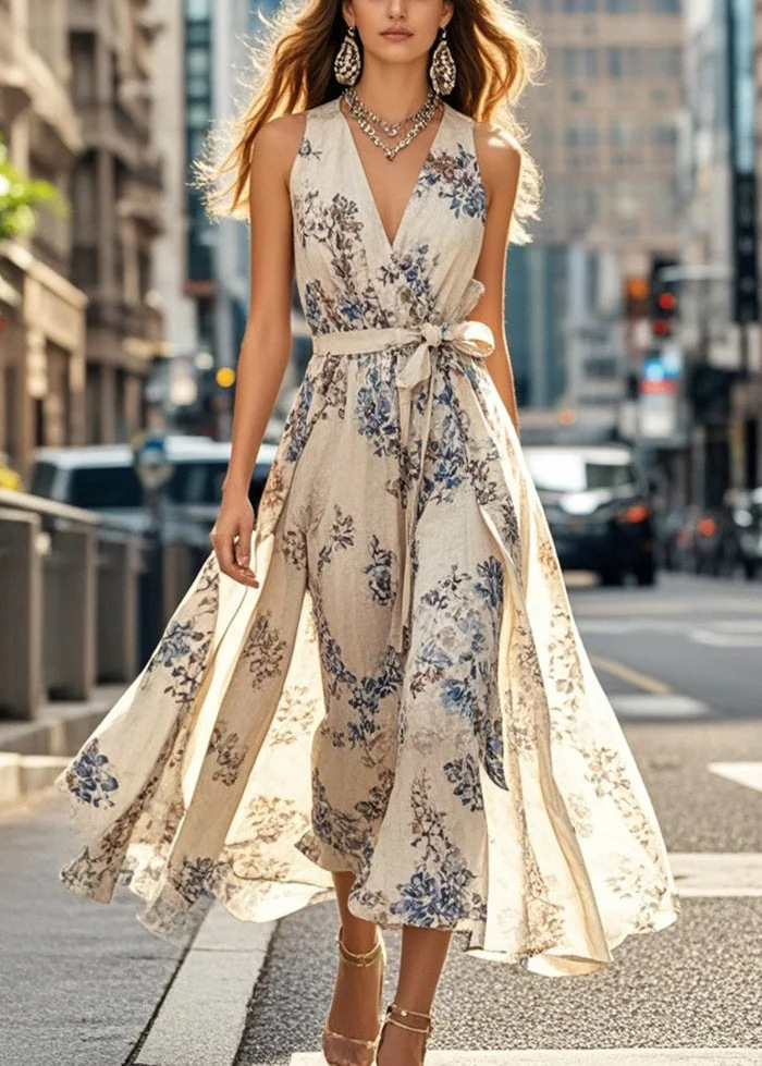 Womens Summer Printed LaceUp WaistSlimming Resort Dress