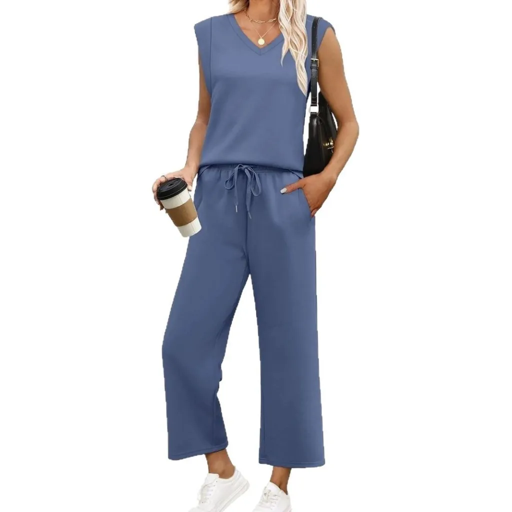 Loose Sleeveless Suit Round Neck Vest Top Two-piece Pants - Light Blue