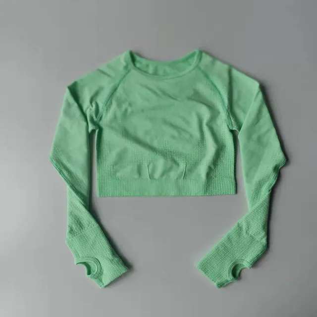 Sports T shirt Quick drying Tight High Elastic Short Seamless Long sleeved Coat Mint - Shop at LoveMi