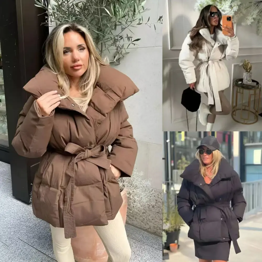 Winter Thickened Jacket Fashion Lapel Cotton Coat with Belt