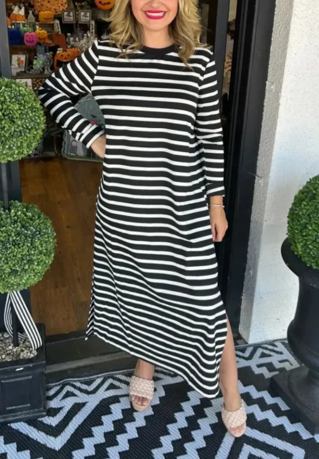 Women's Fashion Striped Slit Round Neck Dress Knitted And Emerized Dress Black - Shop at LoveMi