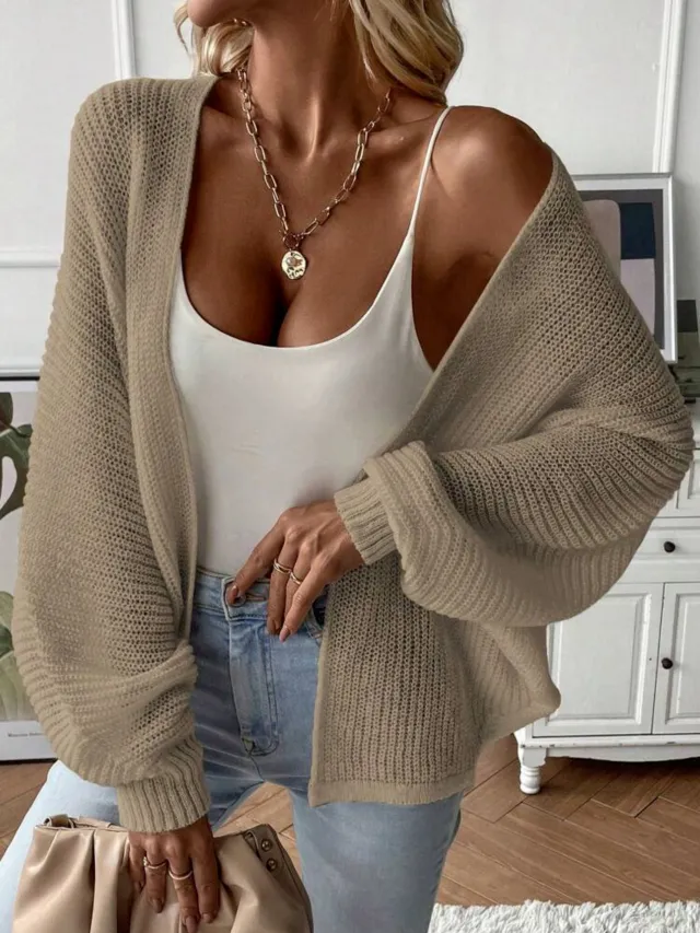 Batwing Sleeve Cardigan Solid Color Cardigan Khaki - Shop at LoveMi