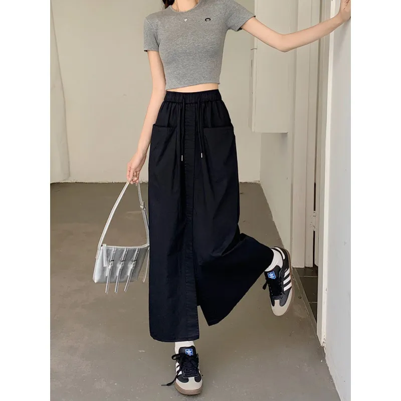 Women's Korean Style Sense Of Design Washed Cotton Midi Skirt - Black