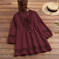Cotton And Linen Stitching Lace 34 Sleeve Loose Women's Top T-shirt - Wine Red - View 1