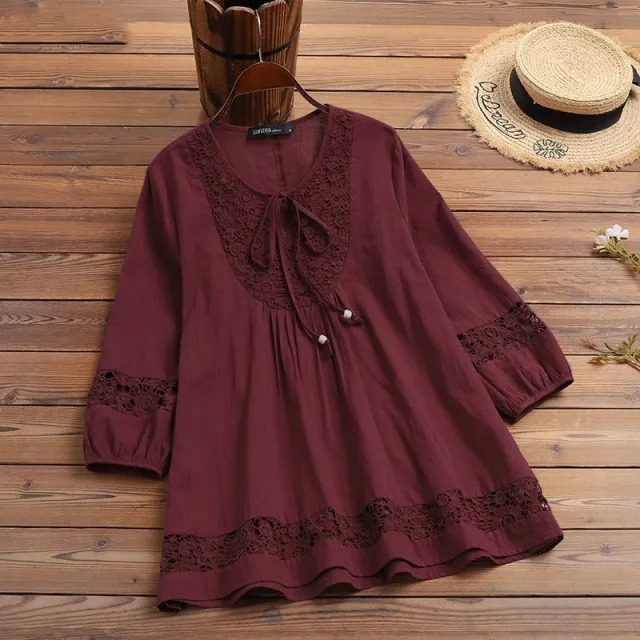 Cotton And Linen Stitching Lace 34 Sleeve Loose Women's Top T shirt Wine Red - Shop at LoveMi