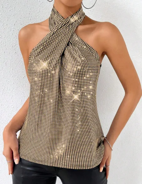 Womens Solid Color Casual Minimalist Sequin Halter Top Gold - Shop at LoveMi