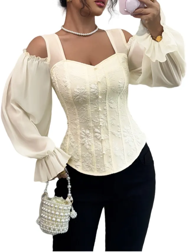 Elegant Off Shoulder Floral Jacquard Blouse For Women Apricot - Shop at LoveMi