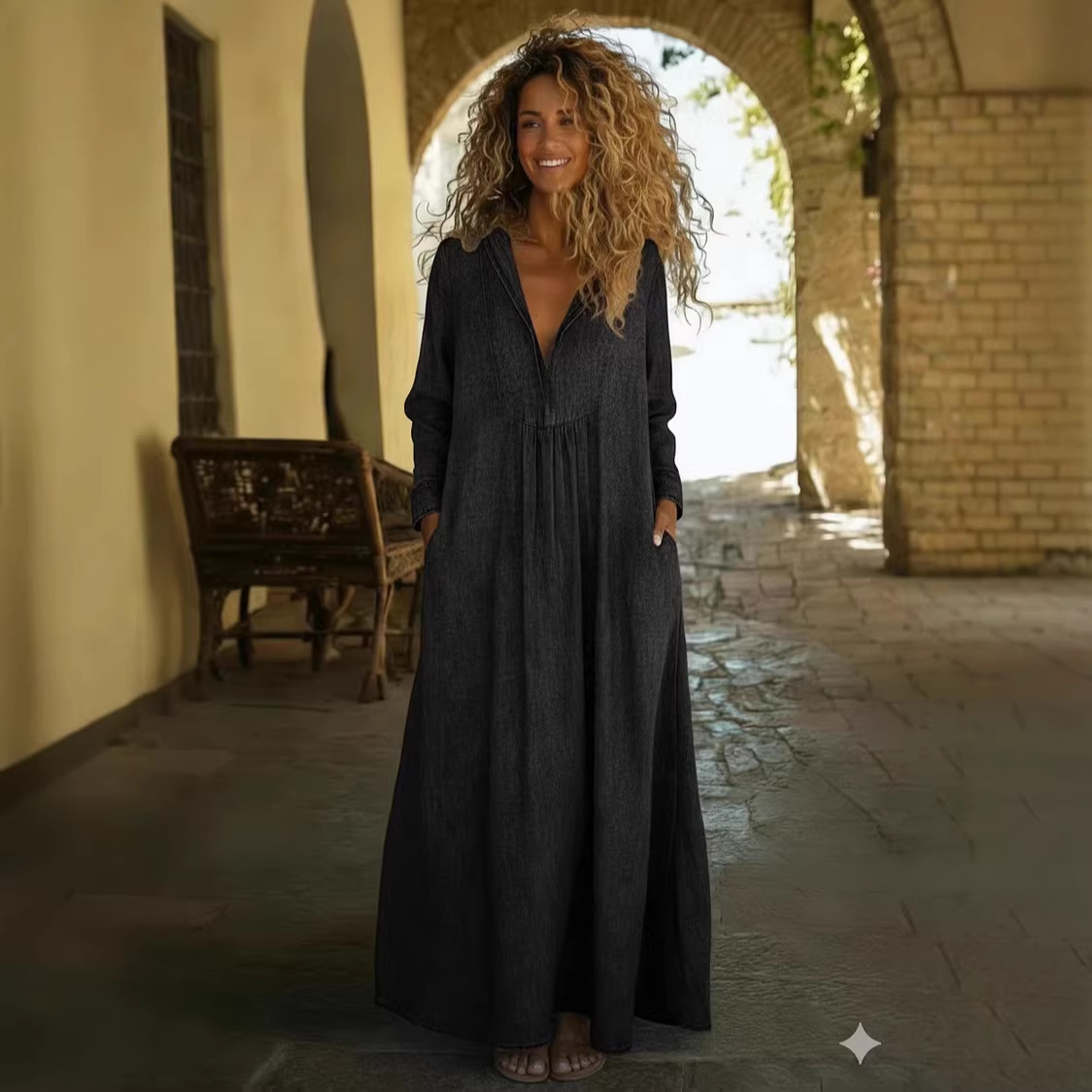 Loose And Comfortable V-neck Denim Maxi Dress With Pockets