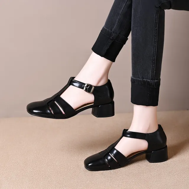Hollow Retro Strap All matching Chunky Heel Sandals Black - Shop at LoveMi
