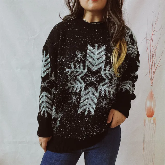 Women's Fashion Loose Gold Line Large Snowflake Christmas Sweater Black - Shop at LoveMi