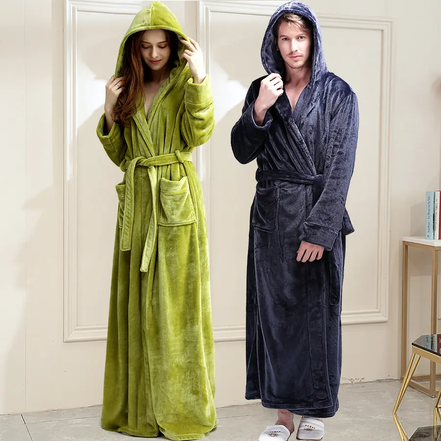 Mens Winter Hooded Thickened Long-Style Nightgown