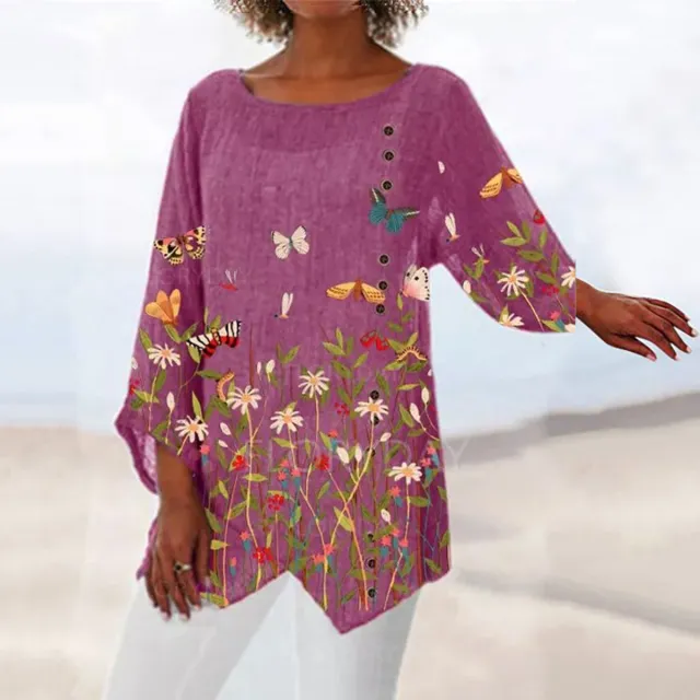 Casual Loose Round Neck Irregular Hem Printed Long Sleeve Shirt Red - Shop at LoveMi