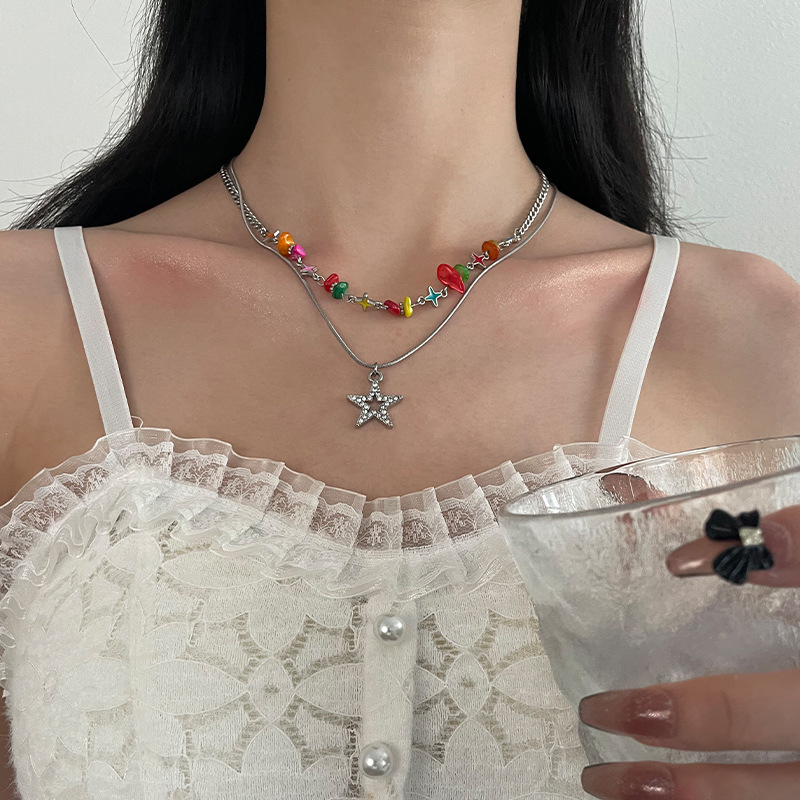Colored Gravel Cross Stitching Stars Necklace