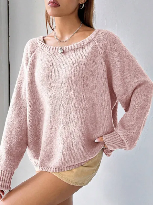 Women's Sweater Fashion Pullover Round Neck Solid Color Pink - Shop at LoveMi