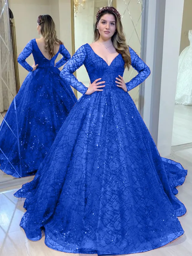 Blue WeddingAutumn And Winter New Long Sleeve Sequin Sequined Formal Swing Dress V neck Blue - Shop at LoveMi