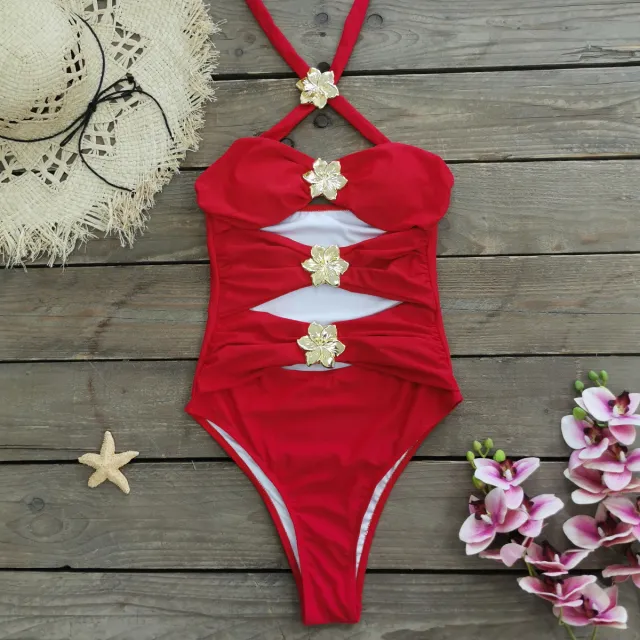 Solid Color One piece Swimsuit Female New Skirt Hollow out Tube Top Swimwear Red - Shop at LoveMi