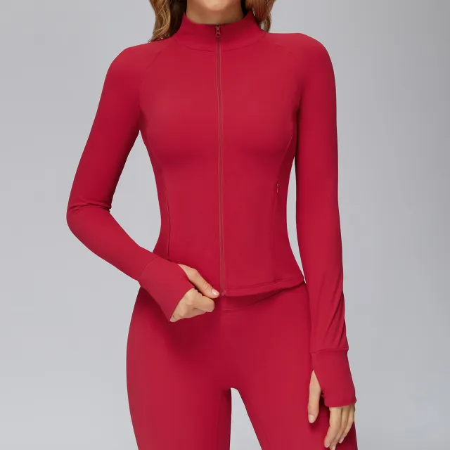 Brushed Yoga Jacket Long sleeved Zipper Pocket Tight Top Red - Shop at LoveMi
