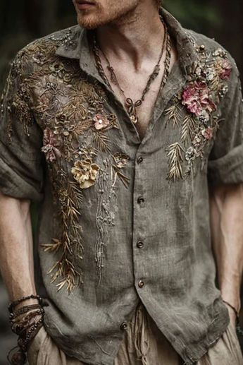 Retro Casual American-style Loose-fitting Mens Printed Long-sleeve Floral Shirt