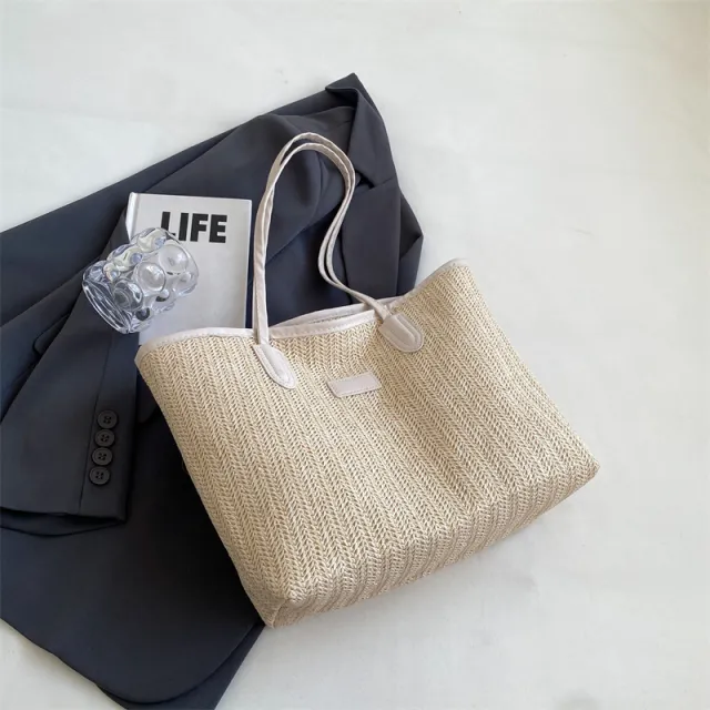 Straw Large Capacity Handbag Commuter Texture Shoulder Underarm Bag White - Shop at LoveMi