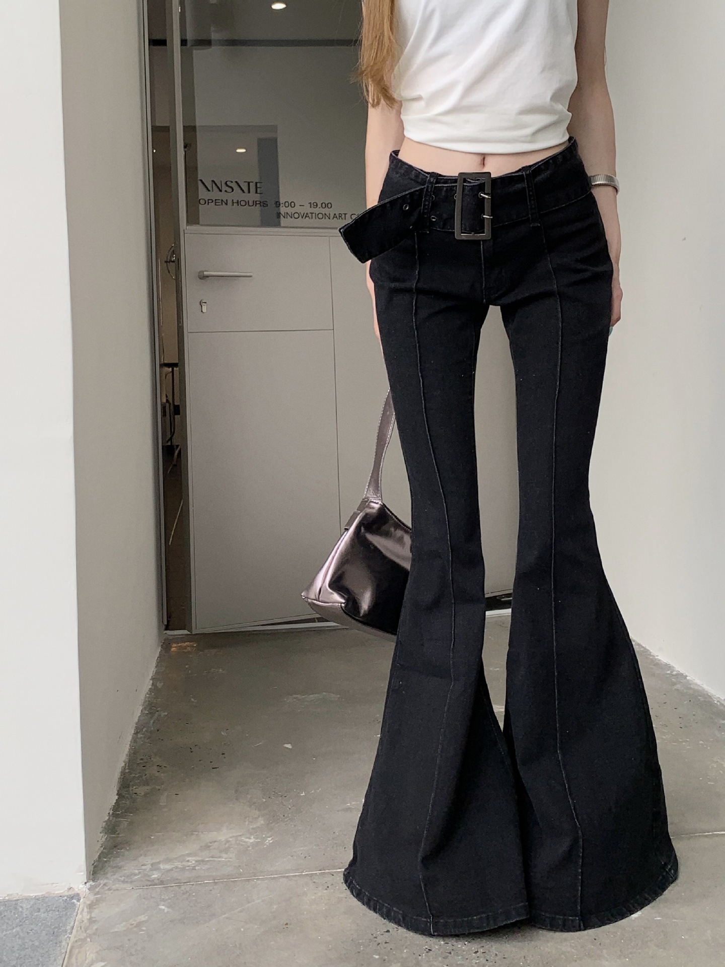 American Retro Black Autumn Belt Slim Straight Slightly Flared Mop Trousers Black - Shop at LoveMi